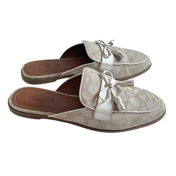 Coach Monogram Stassi Flat Slides Mules Tassels White Cream Shoes 8.5 - Picture 1 of 7